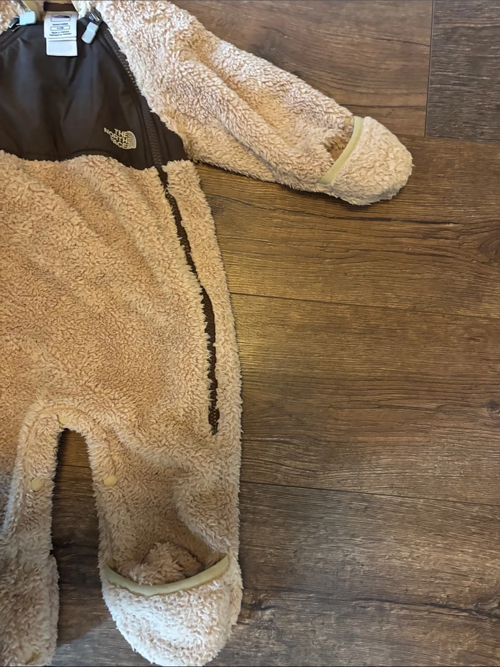 The North Face Cream Teddy Fleece Hooded One-Piece with Brown Chest Panel
